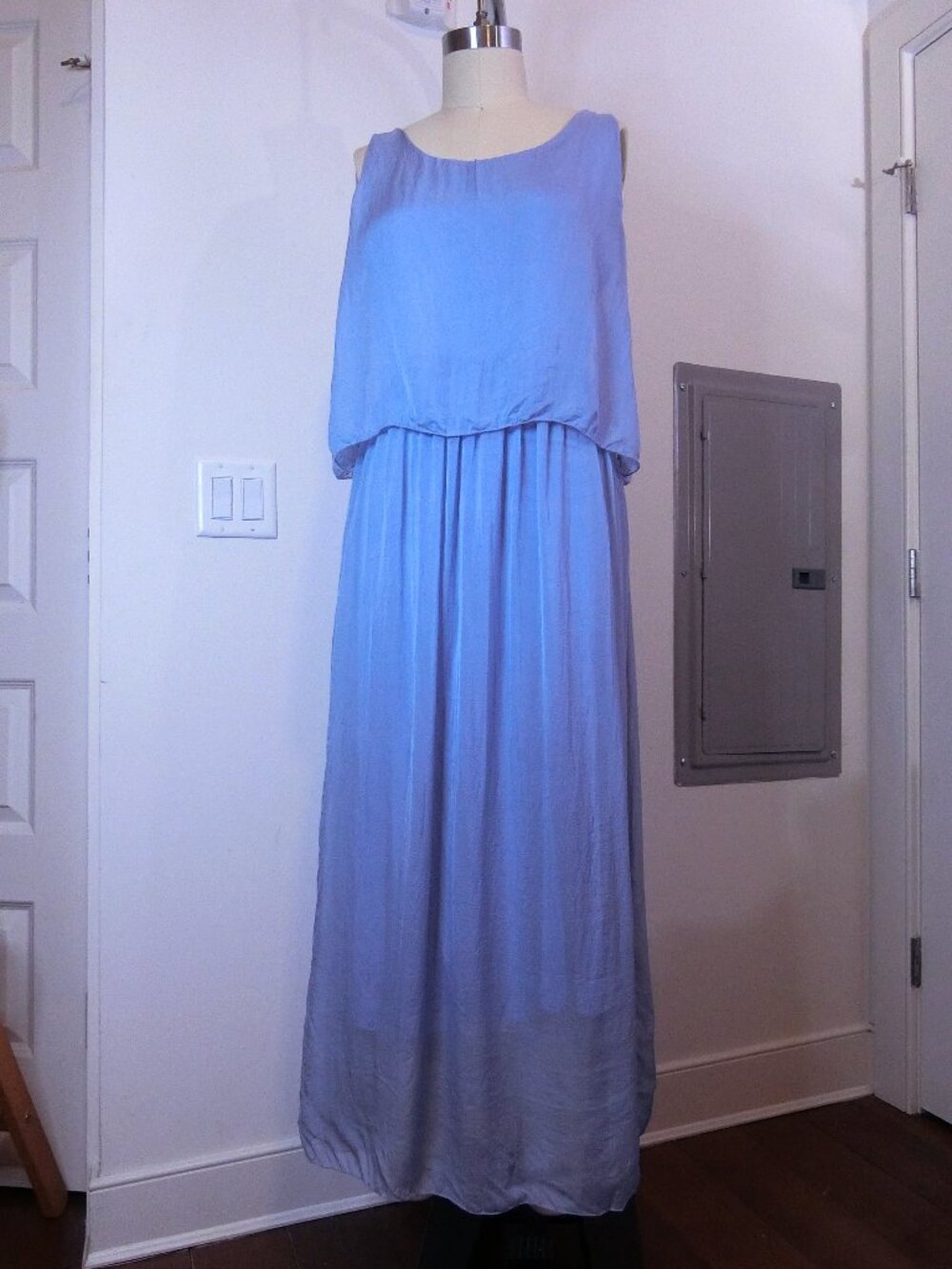 Baci 100% Silk Periwinkle Blue Maxi Dress M/L Boho Layered Blouson